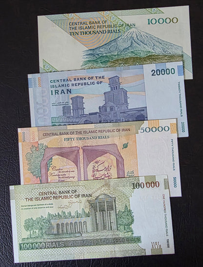Persian set of 10000 to 100000 Rials Old Version Uncirculated UNC (four notes)
